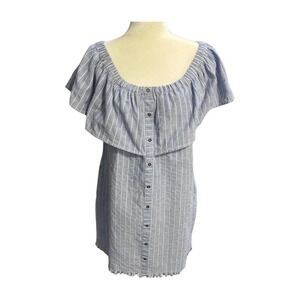 Umgee Off the Shoulder Mini Dress Blue Striped Pockets Small Summer